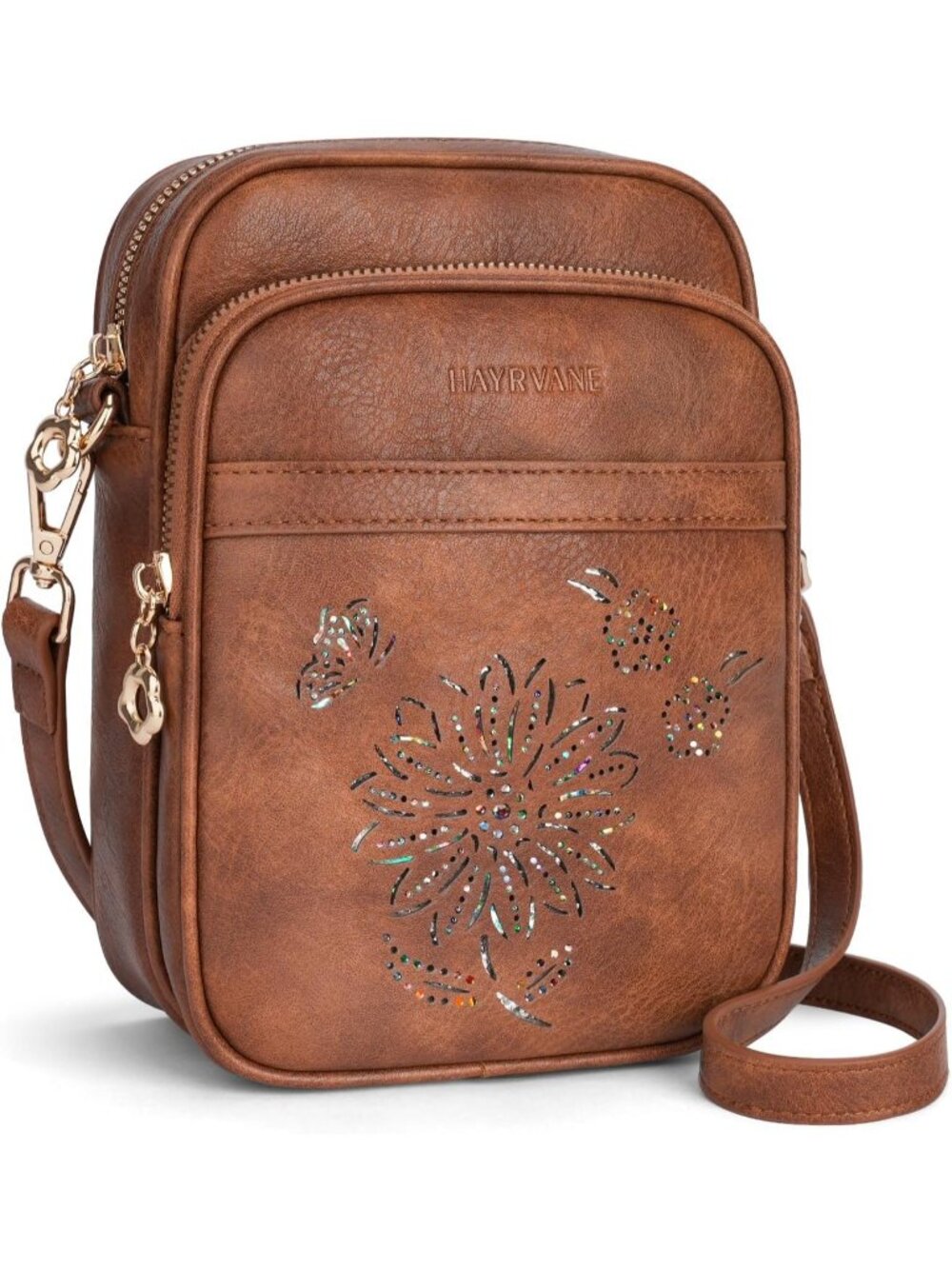 Women's Brown RFID Phone Purse With Card Slots 3 Compartments Crossbody Bag